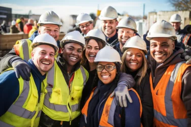 A group of smiling construction workers in hard hats and high-visibility vests posing together.