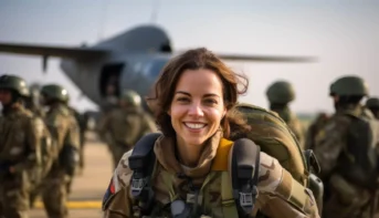 A smiling female soldier in uniform with a group of military personnel in the background near an aircraft.