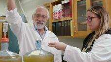 Two scientists in lab coats are working in a laboratory. The older man is handling a pipette, while the younger woman holds a beaker. Books and lab equipment are visible in the background.