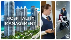 Three-panel image: first panel shows high-rise buildings by a beach; second panel depicts a woman in uniform using a tablet; third panel shows hotel staff assisting a guest with luggage. Text reads 